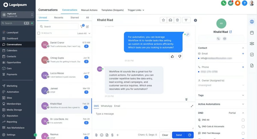 HighLevel branded CRM showing the Conversations tab with AI-powered text messaging.