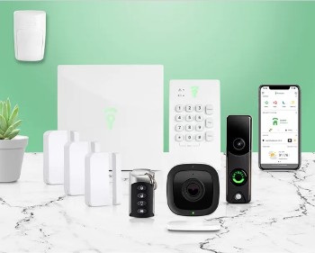 Frontpoint family security system with hub and keypad, window sensors, motion sensor, indoor and outdoor cameras, keychain remote, doorbell camera and phone app.