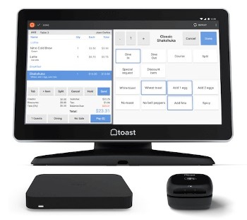 Toast countertop POS including touchscreen terminal, router, and card reader.