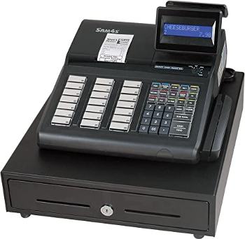 SAM4S ER-925 cash register with raised keys, cash drawer, and attached swipe card reader.