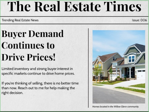 Postcard template titled "The Real Estate Times: Buyer Demand Continues to Drive Prices"