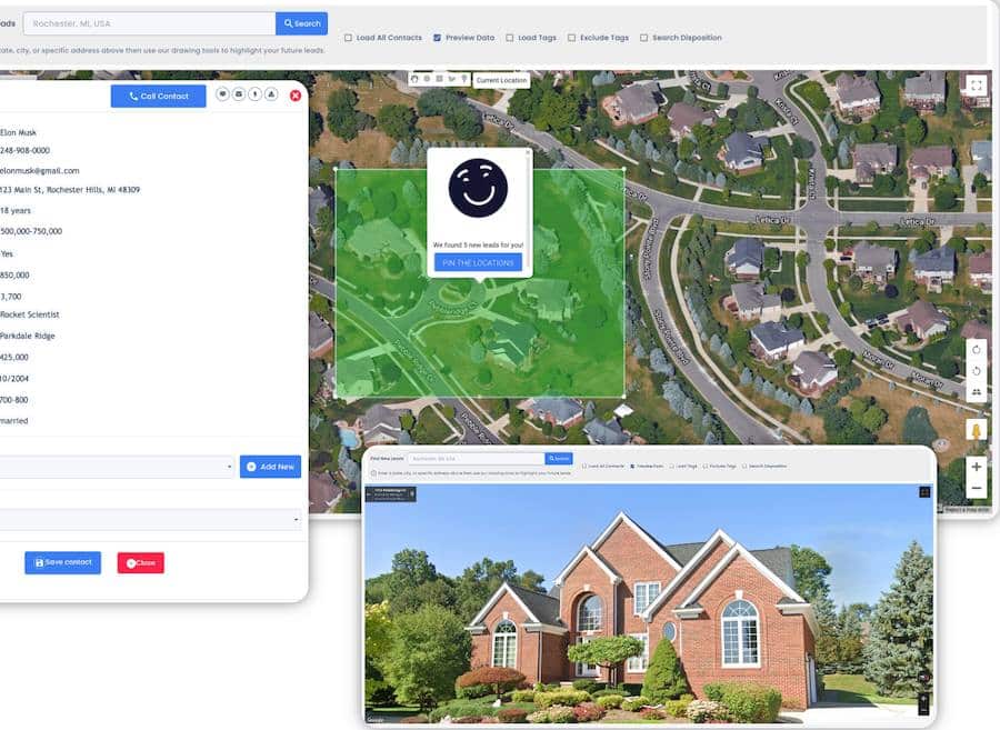 SalesPype's geographic farming tool using a satellite map to pinpoint ideal clients within a geographic region and displaying top data points.