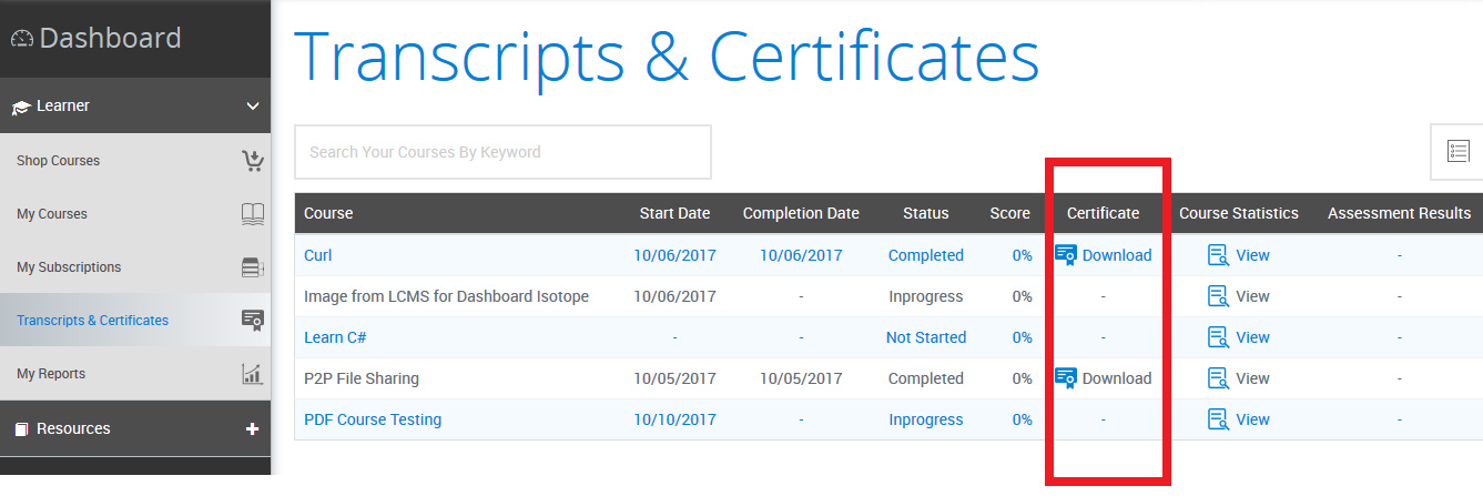 360training course dashboard showing downloadable transcripts and certificates.