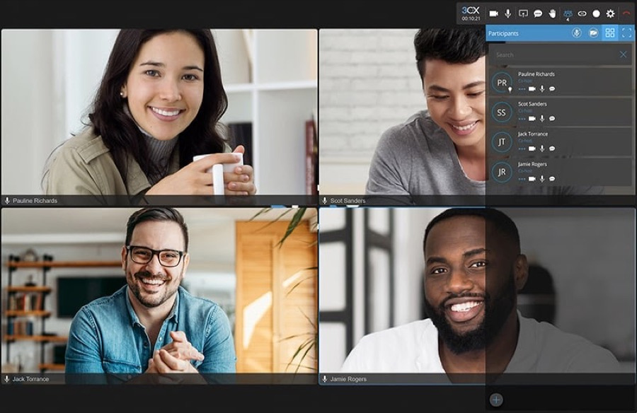 Image of a four-person video conference using 3CX.