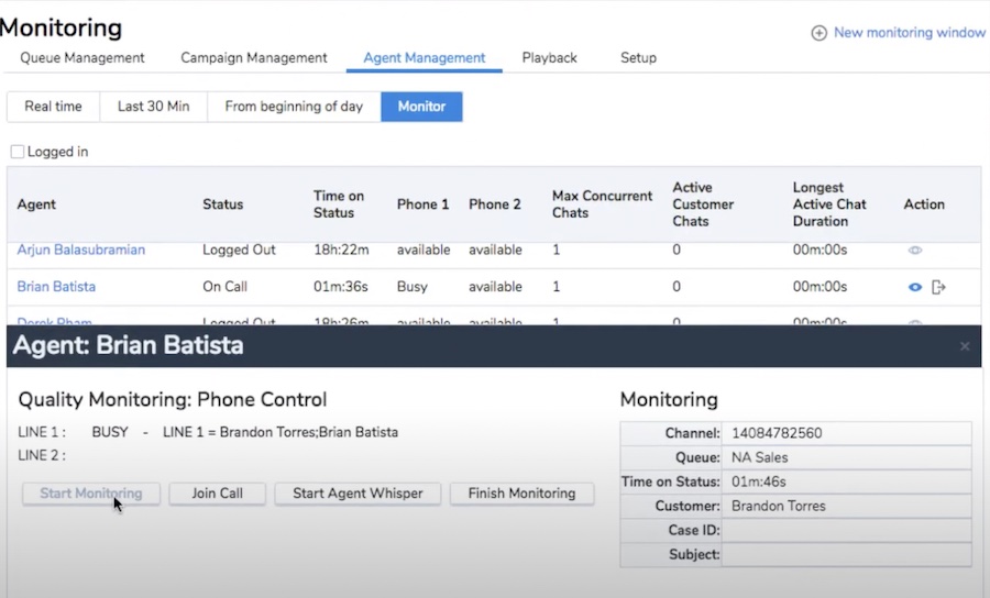A sample dashboard view of how 8x8's call monitoring feature works when accessed on a browser