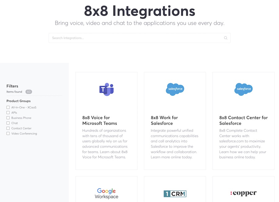 A sample list of third-party applications that integrate with 8x8.