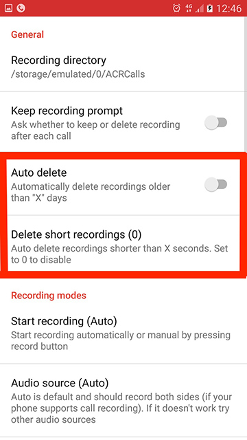 An Android screen showing the "auto delete" and "delete short recordings" options on ACR Call Recorder.