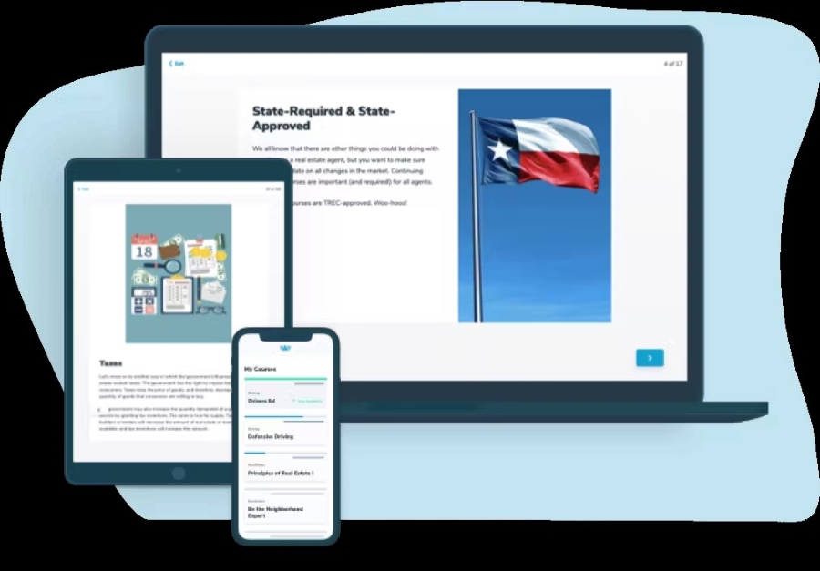 Aceable Agent's online learning platform as seen on desktop, tablet, and mobile phone.