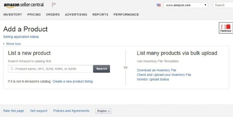 Adding a new product on Amazon with options to search Amazon's catalog or bulk upload