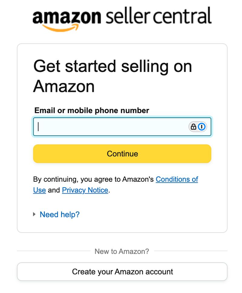 Amazon Seller Central sign-up page