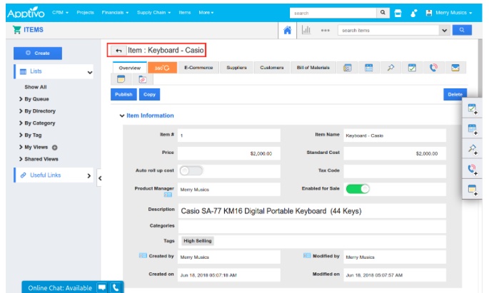 Adding a product to the system catelog in Apptivo