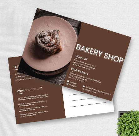 An example of a bakery postcard with a gourmet chocolate dessert