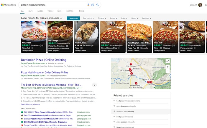 Screenshot of local listings in Bing search results