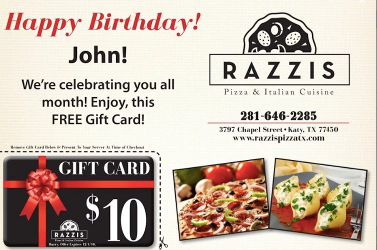 An example of a postcard from a pizza restaurant offering a $10 birthday gift card