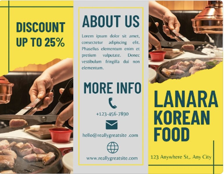An example of a tri-fold restaurant brochure with the restaurant's name, contact details, and a 25% discount, alongside photos of the restaurant's food.