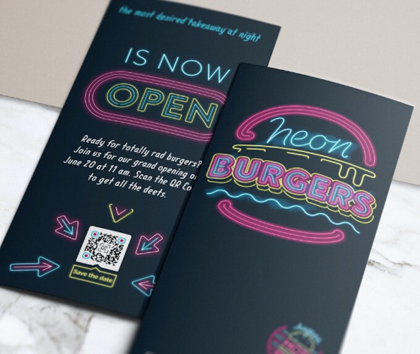 Sample brochure with a QR code for a restaurant.