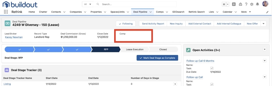 Buildout CRM Deal Pipeline section highlighting "Comp" tab.
