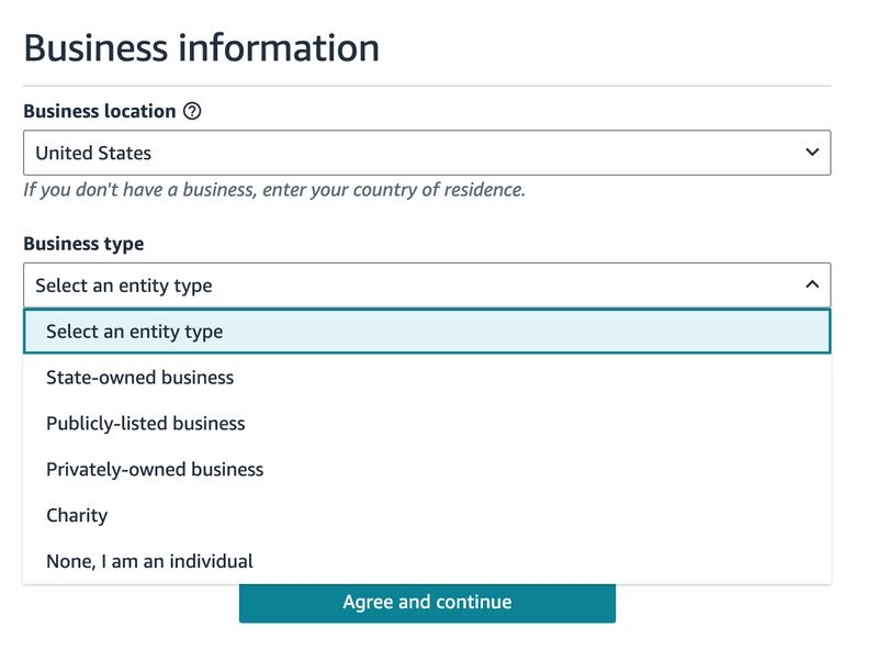 Business entity type prompt when setting up Amazon Seller account