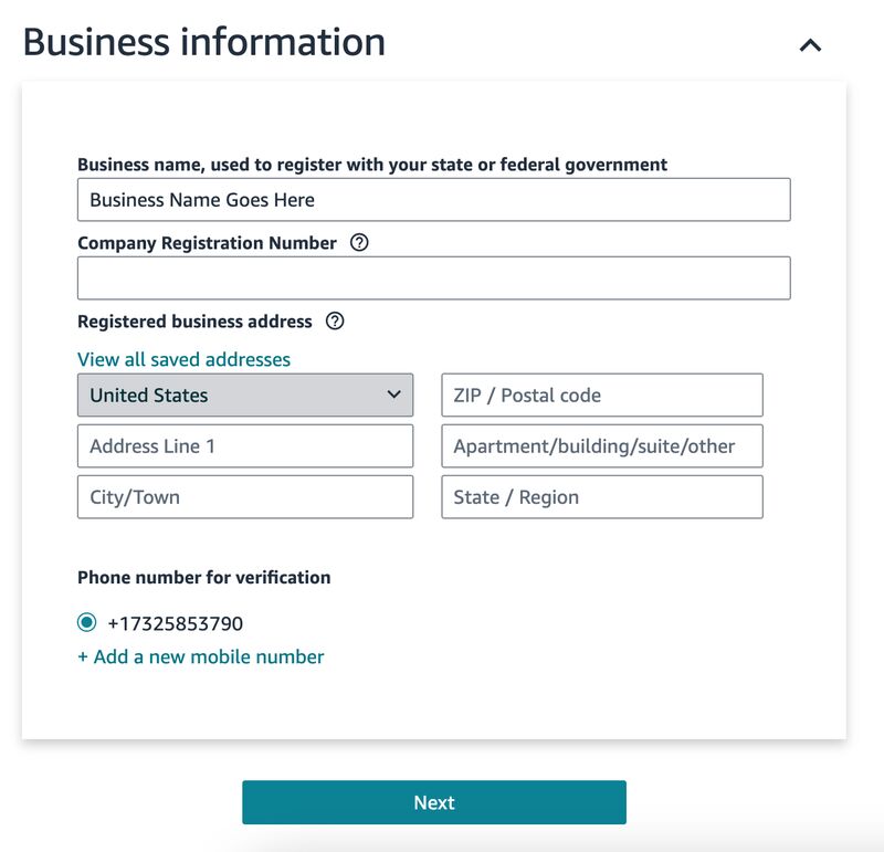 Business information page with fields for name, registration number, address, and phone number for Amazon Seller sign-up