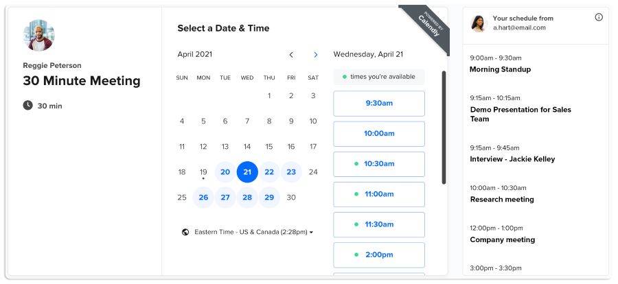 Screenshot of Calendly's schedule meeting page