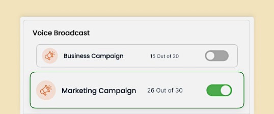CallHippo interface showing the voice broadcast feature with the "Marketing Campaign" option toggled on