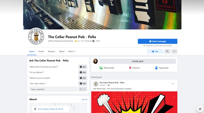 Example of a bar business page on Facebook