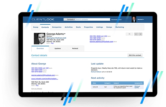Clientlook's Contacts page showing contact information of a sample contact.