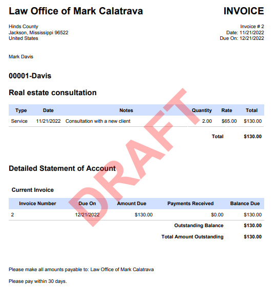 Sample invoice for a legal firm in Clio