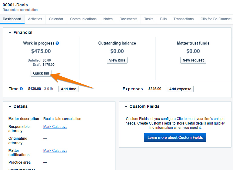 Screen with an arrow highlighting the Quick bill feature to convert a time entry to invoice in Clio.