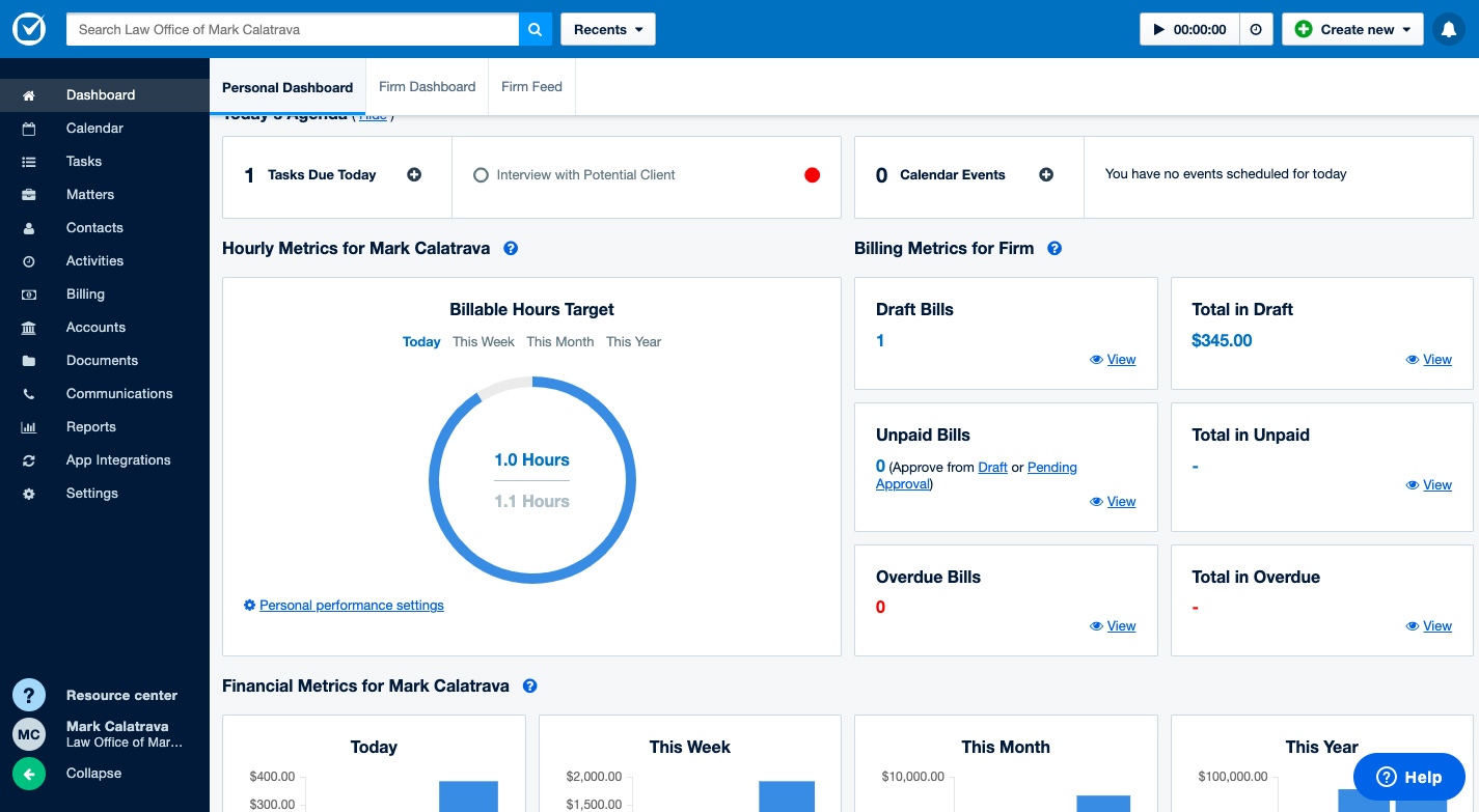 Dashboard in Clio showing important information like billing metrics and unpaid and overdue bills.