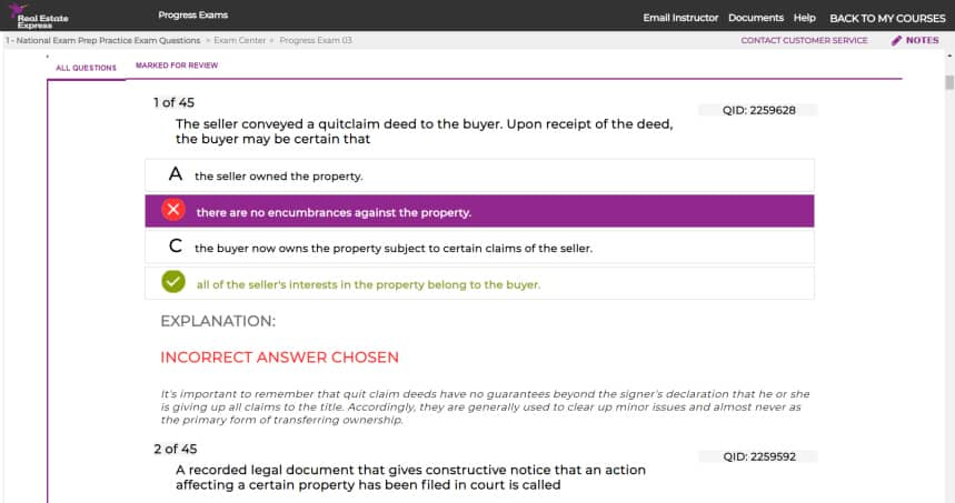 Screenshot of an example practice exam question with explanation from Colibri Real Estate. 