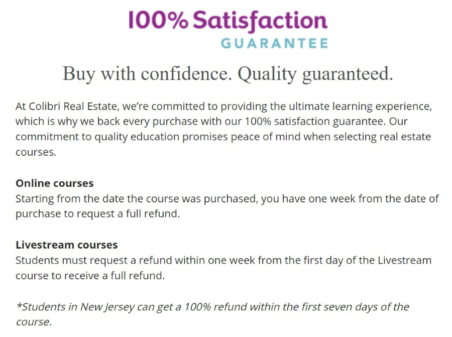 Screenshot of Colibri Real Estate satisfaction guarantee.