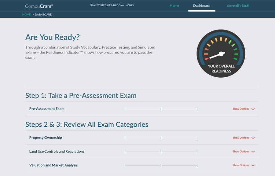CompuCram's Readiness Indicator showing steps in taking the pre-assessment and continuous exams.
