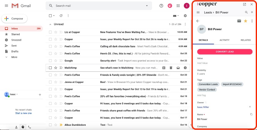 Viewing a lead record in Gmail using the Copper Chrome Extension.