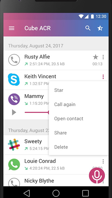 Android screen showing the list of calls that took place on Skype, Viber, WhatsApp, and other messaging platforms