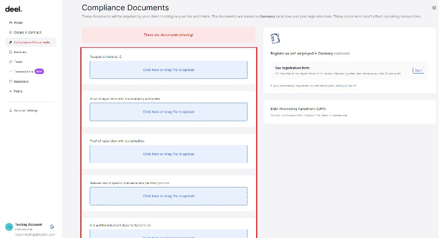 A snapshot of Deel's onboarding tool with the required country compliance documents.