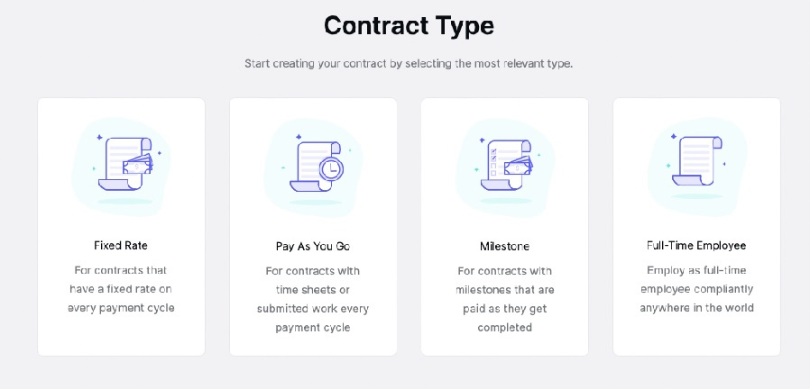 A screenshot showing the various contract templates that Deel offers.