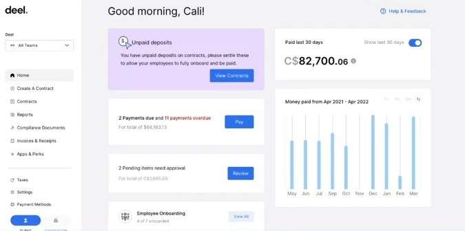 A screenshot showing Deel's main dashboard.