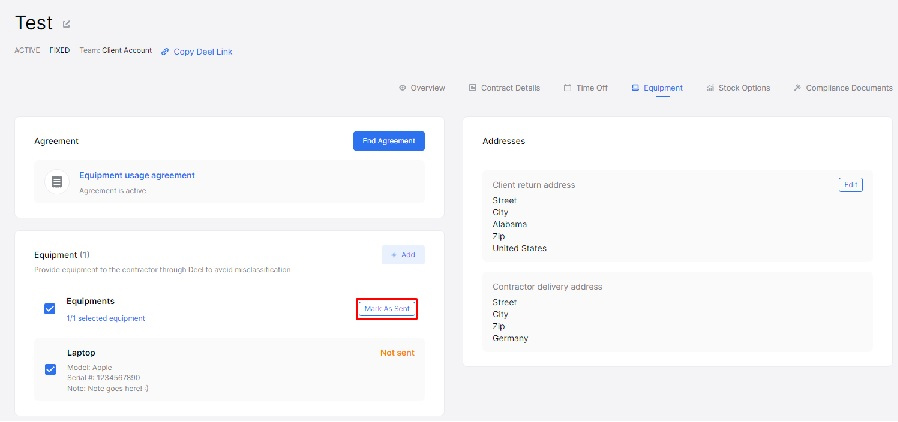 A screenshot showing Deel's online solution for creating and tracking equipment usage agreements.