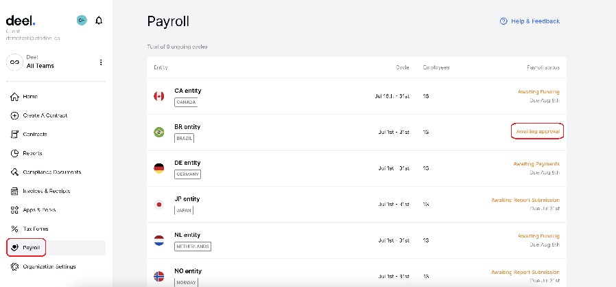 A screenshot that shows Deel's payroll dashboard and payment status updates.