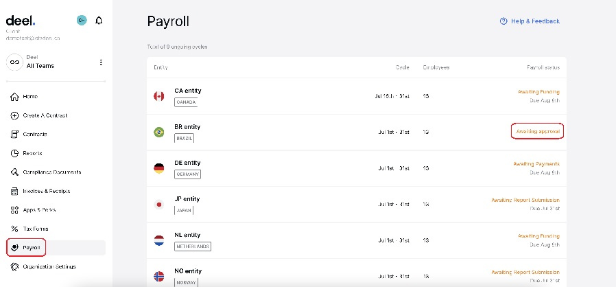 Screenshot of Deel’s payroll dashboard.