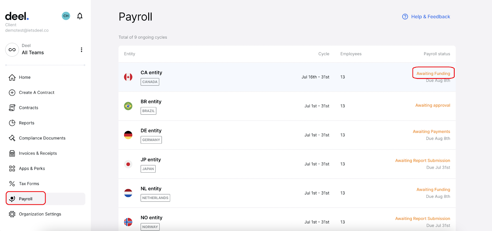 A screenshot that shows Deel's payroll dashboard and payment status updates.