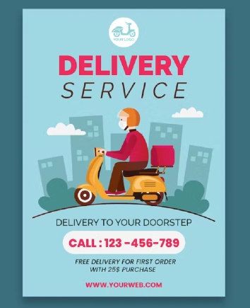 Delivery service marketing postcard idea with a cartoon graphic