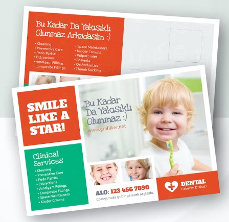 A downloadable template for a colorful dental practice marketing postcard