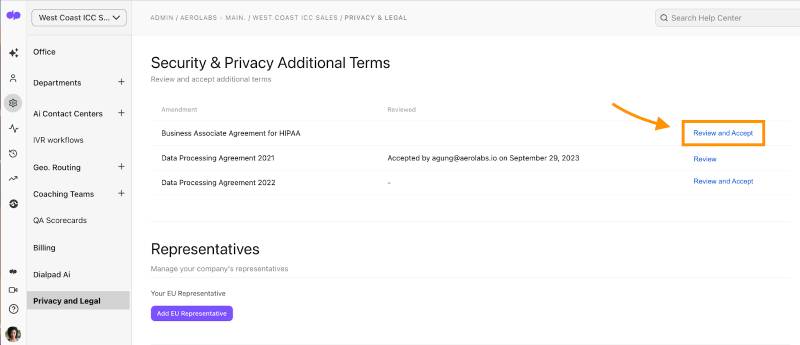 Dialpad interface showing the "Privacy and Legal" option selected from the sidebar menu and the "Security & Privacy Additional Terms" displaying the "Review and Accept" options for "Business Associate Agreement for HIPAA" and data processing agreements
