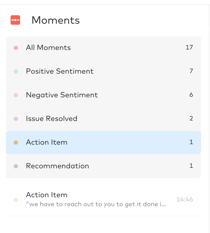 Dialpad Meetings' Moments list, enumerating action items, positive and negative sentiments, and other important details mentioned in the conference call.