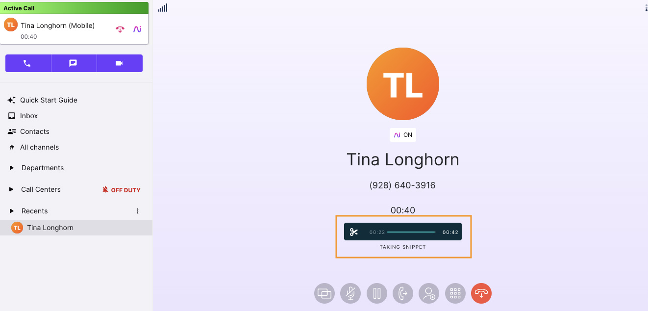 Dialpad interface showing a live call with a person named Tina Longhorn and a box emphasizing the "Snippet" option on the platform.