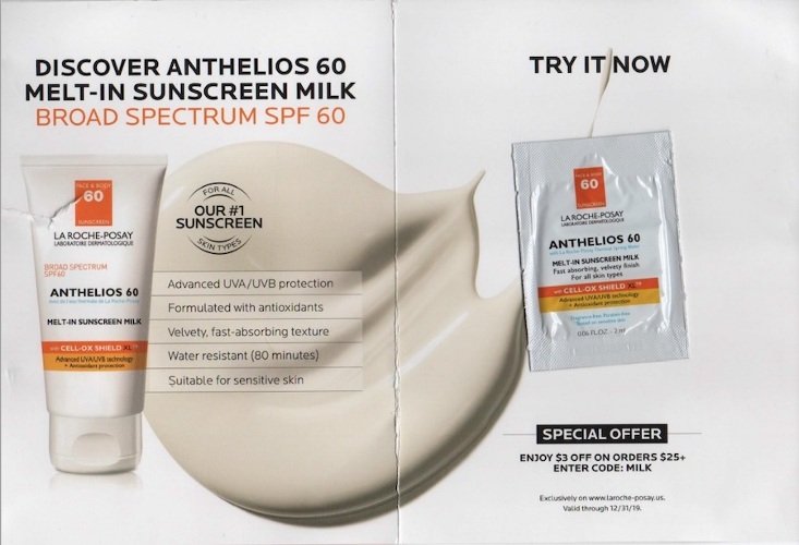 An example of a promotional postcard from a skincare brand with a free sample attached