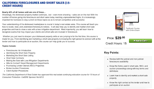 Kaplan course description for 15-hour California course titled "foreclosures and short sales"