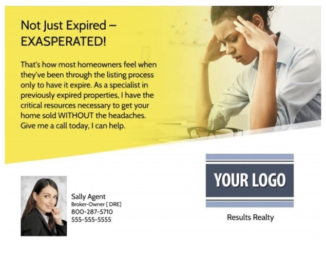 ProspectsPLUS! postcard example for expired listings titled "not just expired--exasperated!"